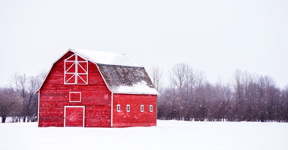A red barn stands in a snow-covered field as light snow falls, with bare trees lining the background under a gray sky.