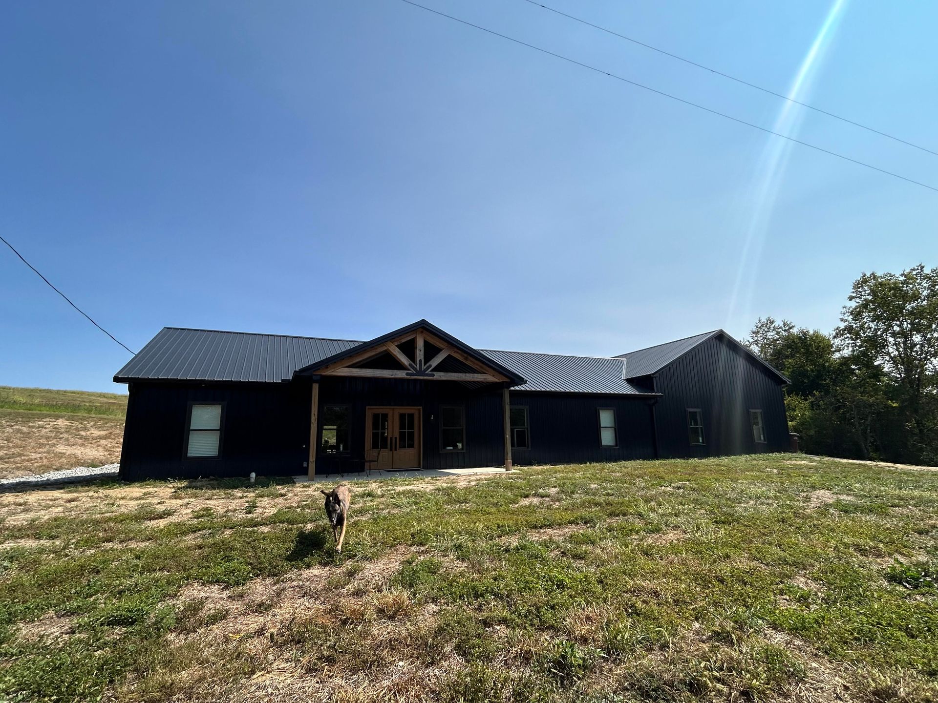 Black house with wooden porch under a bright blue sky; a dog runs in the grassy foreground.