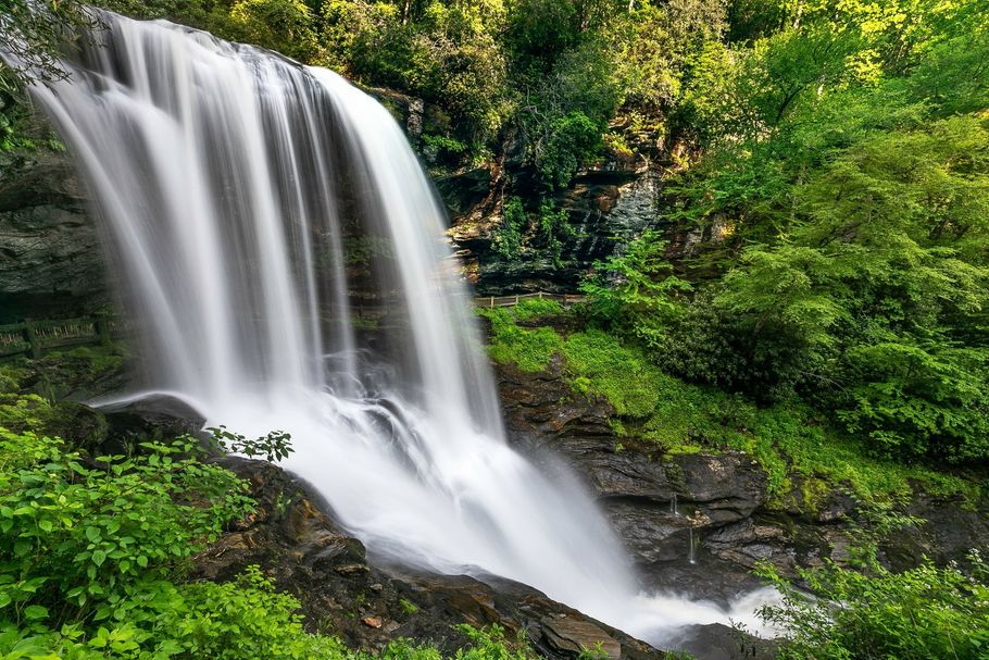 Waterfall cascading over rocks, surrounded by lush green foliage.