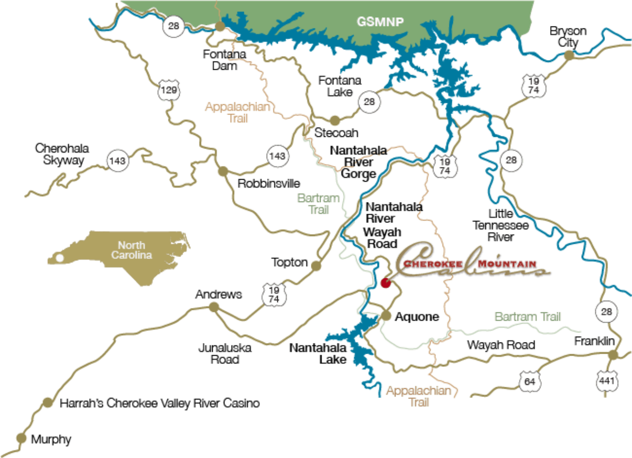 Map of Western North Carolina with roads, lakes, rivers, and Cherokee Mountain labeled.