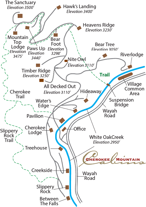 Map of Cherokee Mountain with trails, lodges, and points of interest.