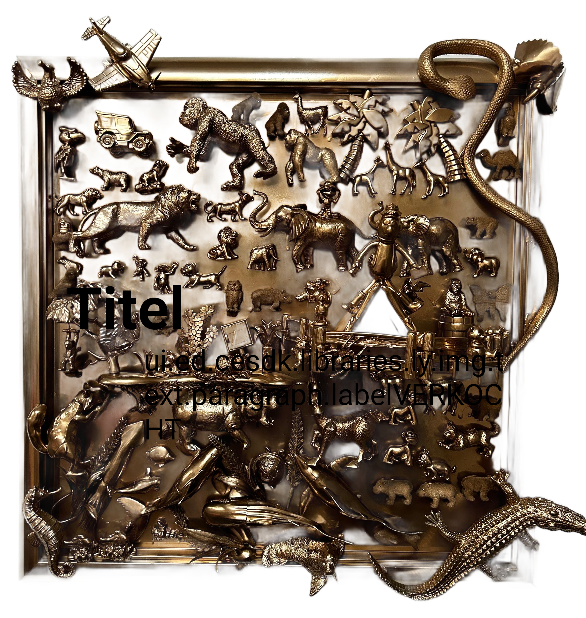 Een vierkant metalen wanddecoratiestuk in bronskleur met een dichte collage in reliëf van vele verschillende dieren.