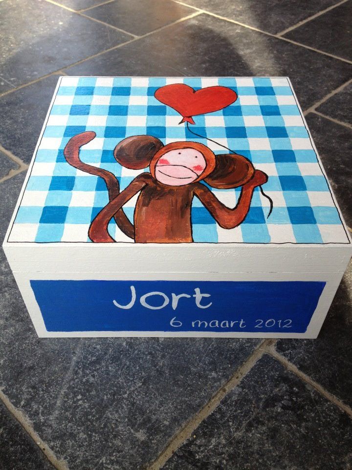 Een houten doos met een blauw geblokt deksel, een cartoonachtige aapillustratie en de tekst 