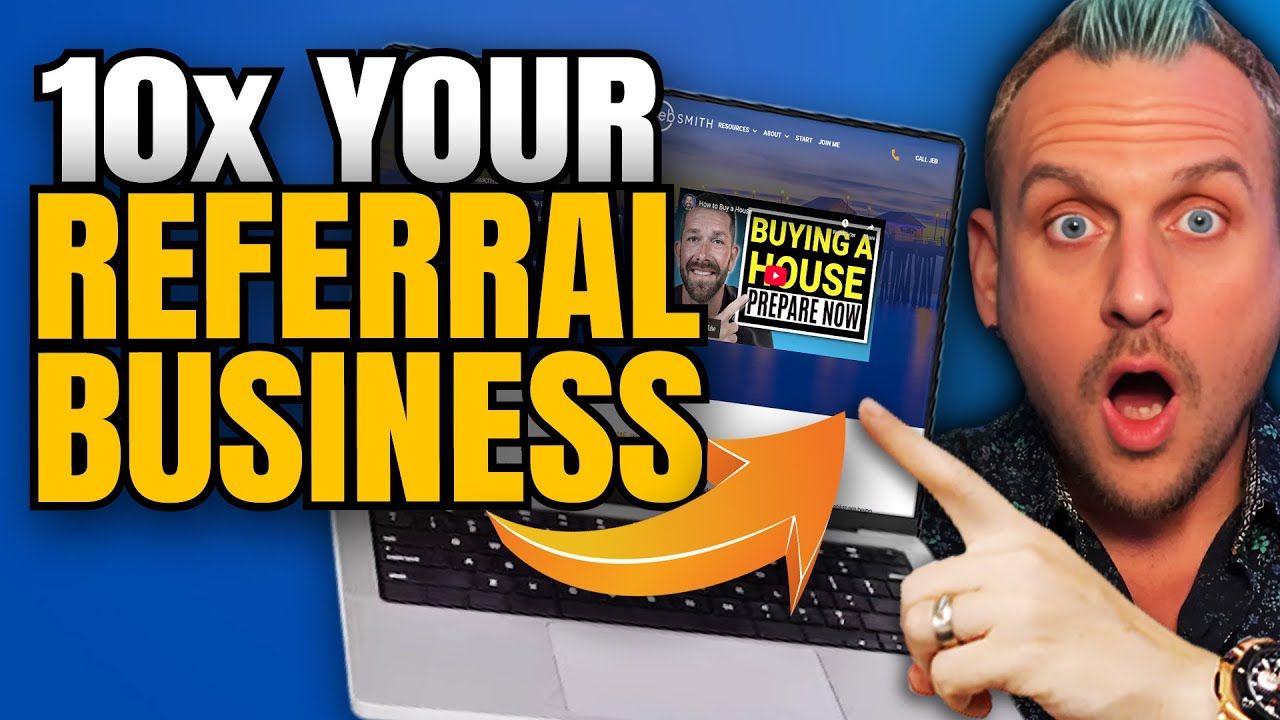 A man is pointing at a laptop screen that says 10x your referral business