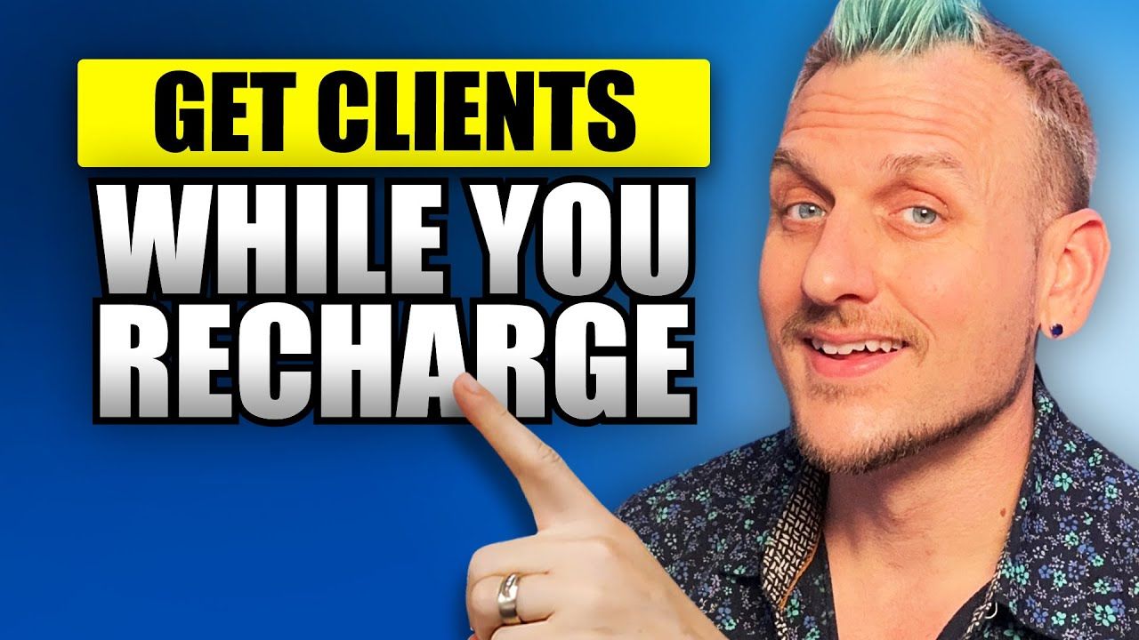 A man is pointing at a sign that says get clients while you recharge