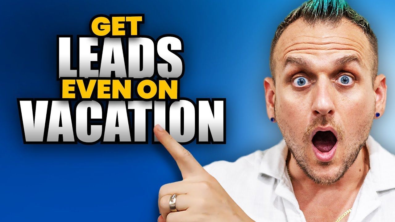A man is pointing at a sign that says get leads even on vacation