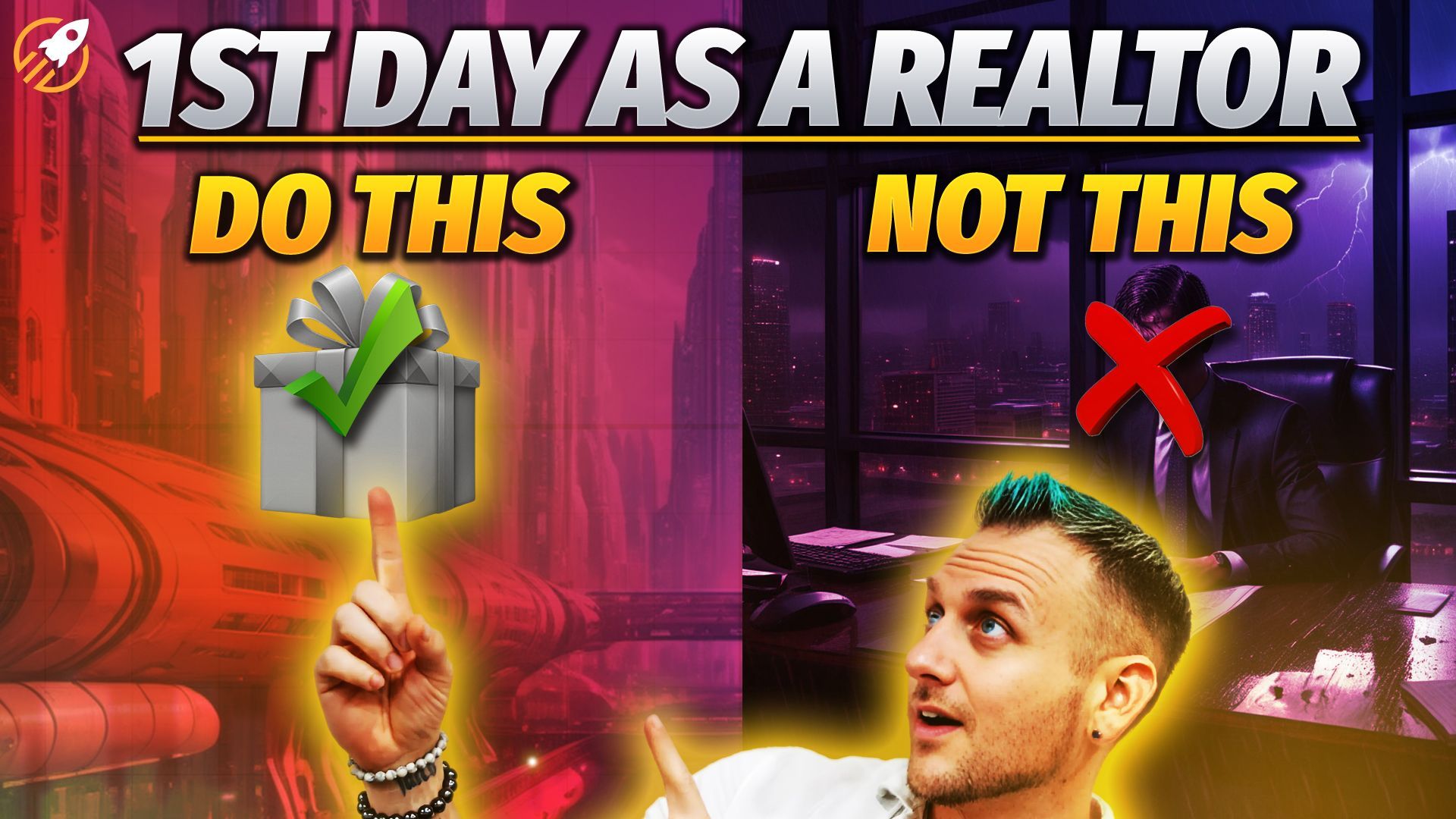 A man is standing in front of a sign that says `` 1st day as a realtor do this not this ''.
