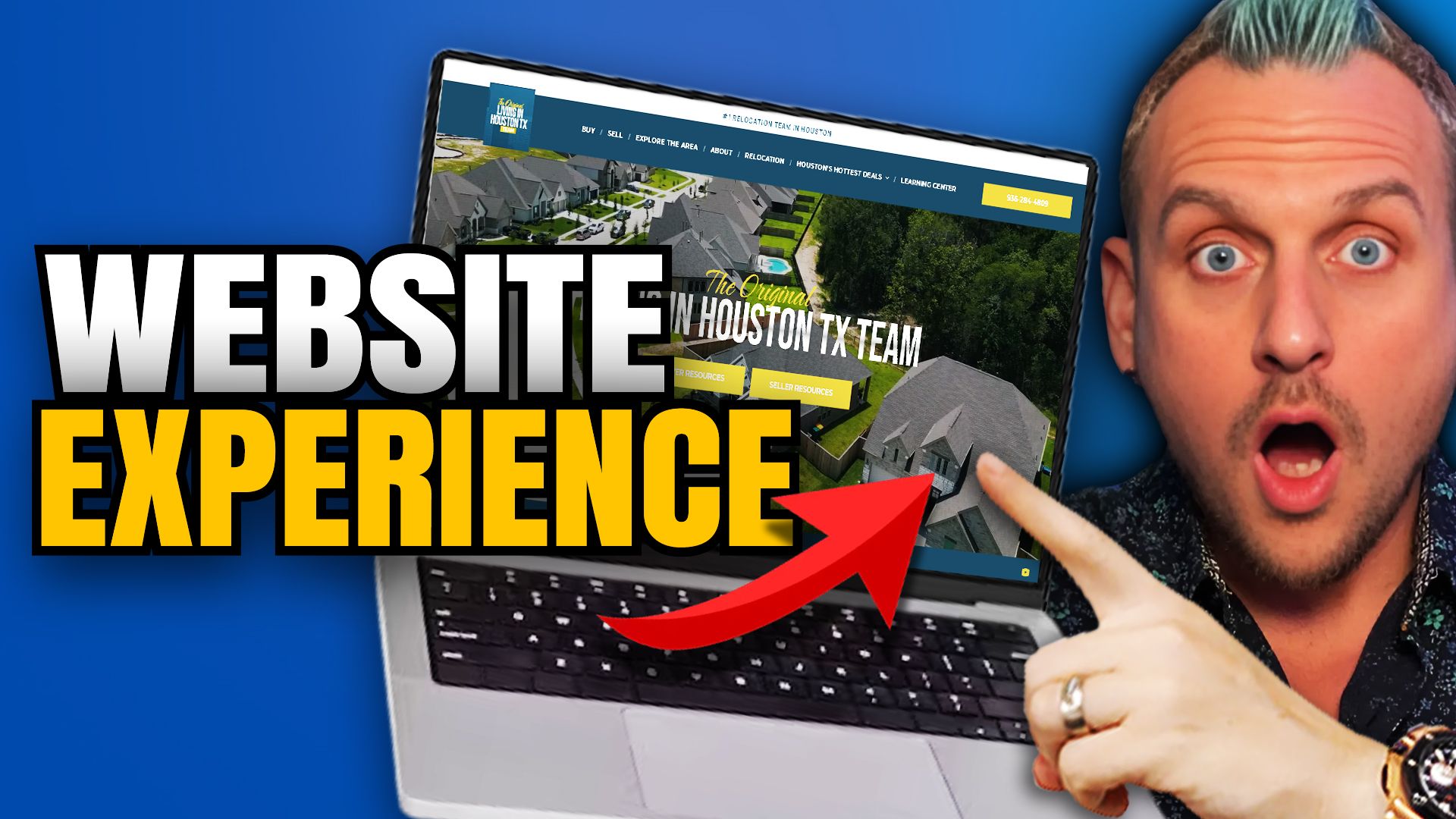 A man is pointing at a laptop screen that says website journey.