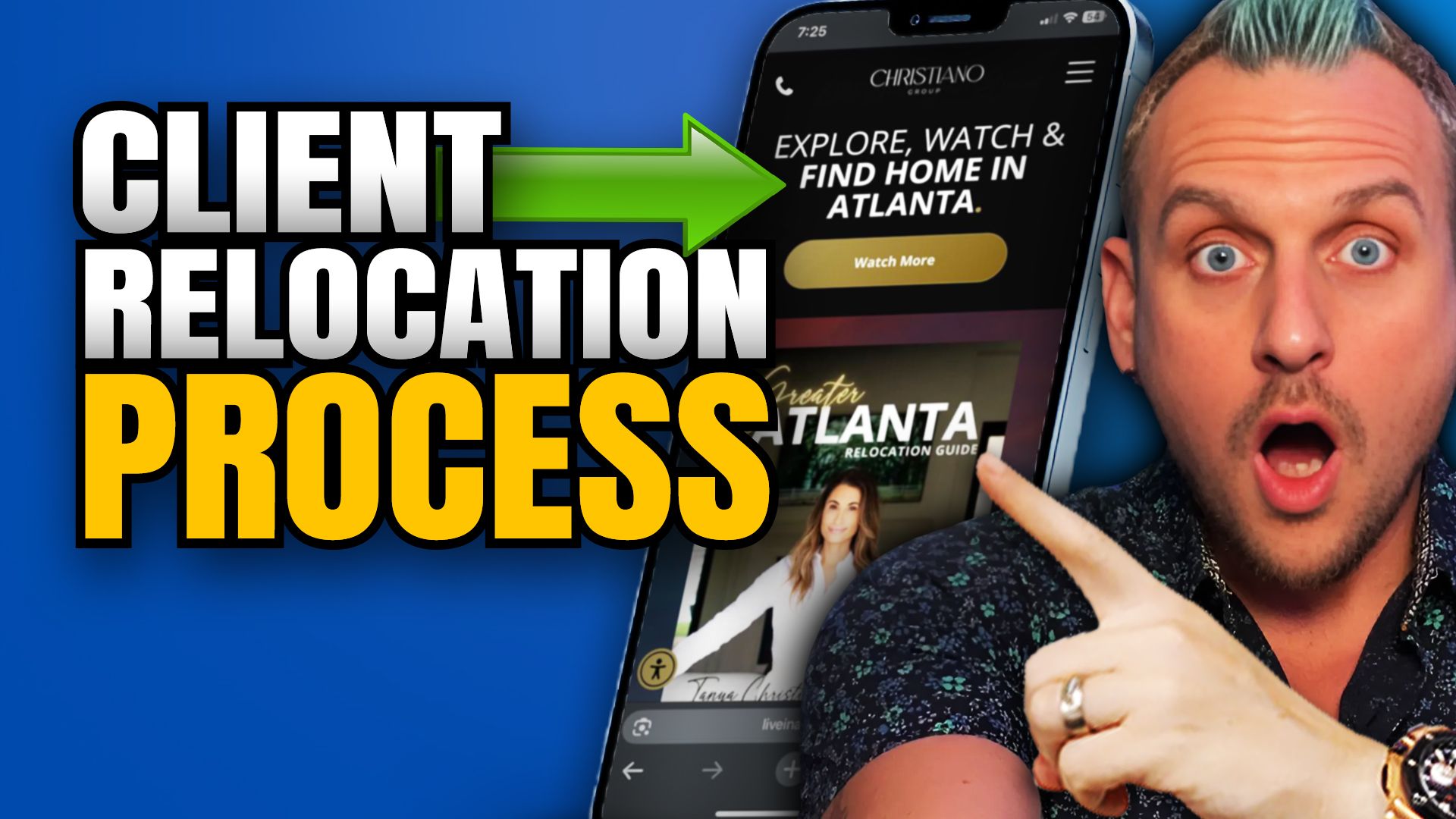 A man is pointing at a phone screen that says relocation journey.