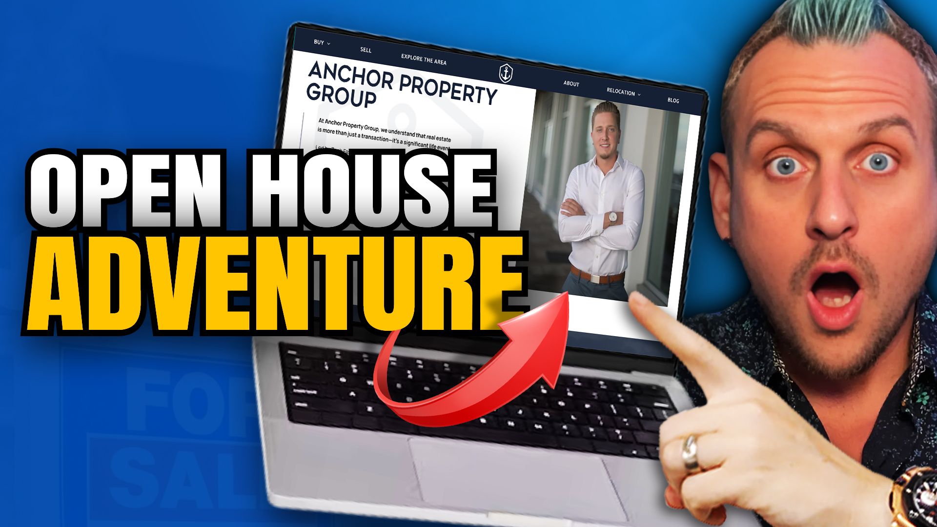 A man is pointing at a laptop screen that says open house journey