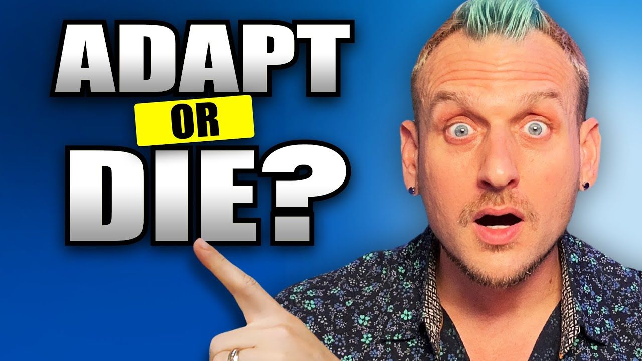 Man with bright hair pointing, shocked expression. Text: ADAPT OR DIE?