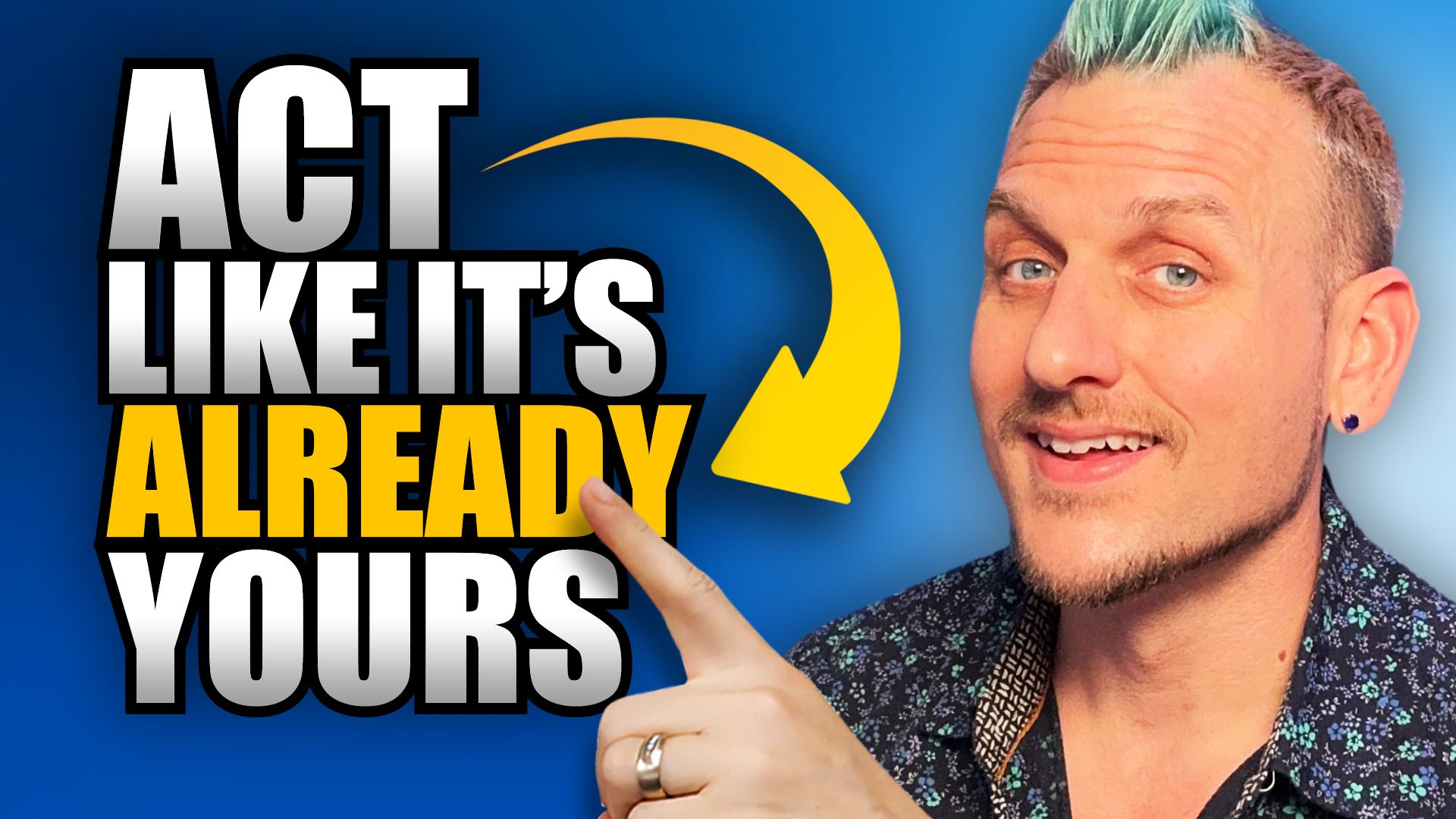 Man with turquoise hair points at text: 