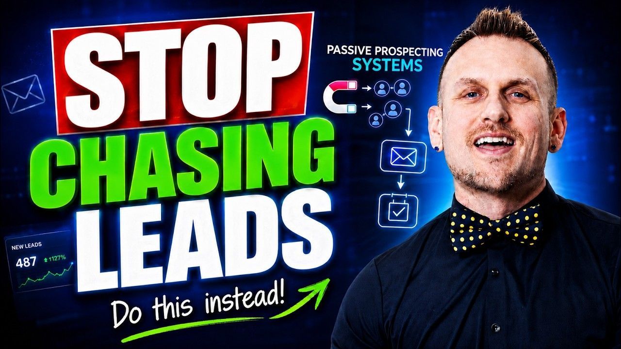 Bold thumbnail reading “STOP CHASING LEADS” with “Do this instead!” and a man on the right against a blue background
