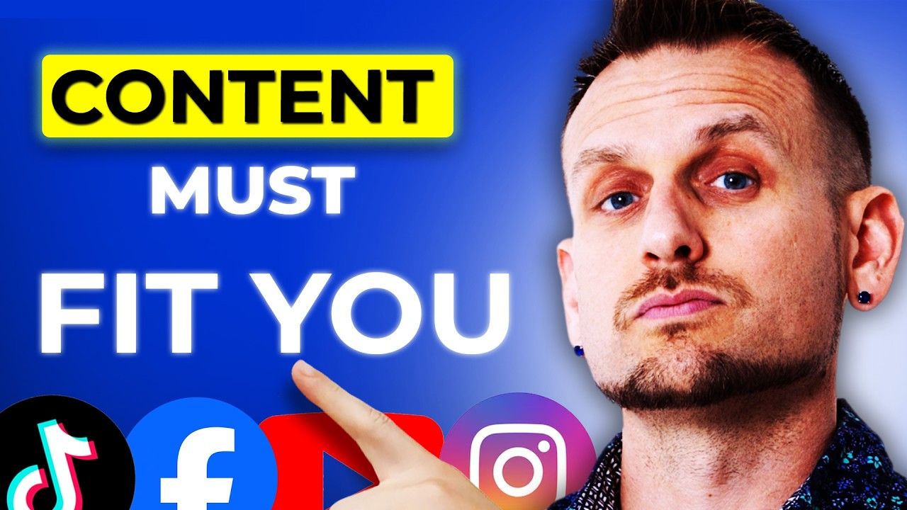 Thumbnail with bold text “CONTENT MUST FIT YOU” and social media icons beside a man pointing at the text