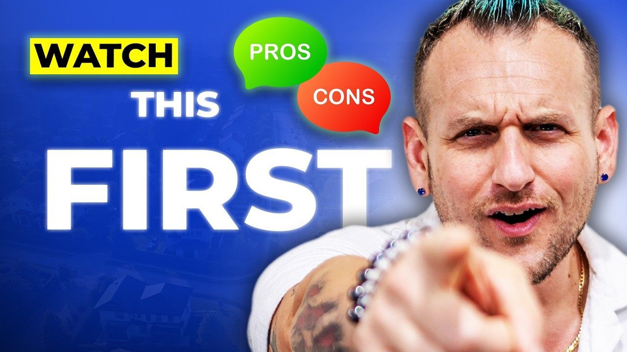 Blue YouTube-style thumbnail with “WATCH THIS FIRST,” pros/cons bubbles, and a pointing man on the right