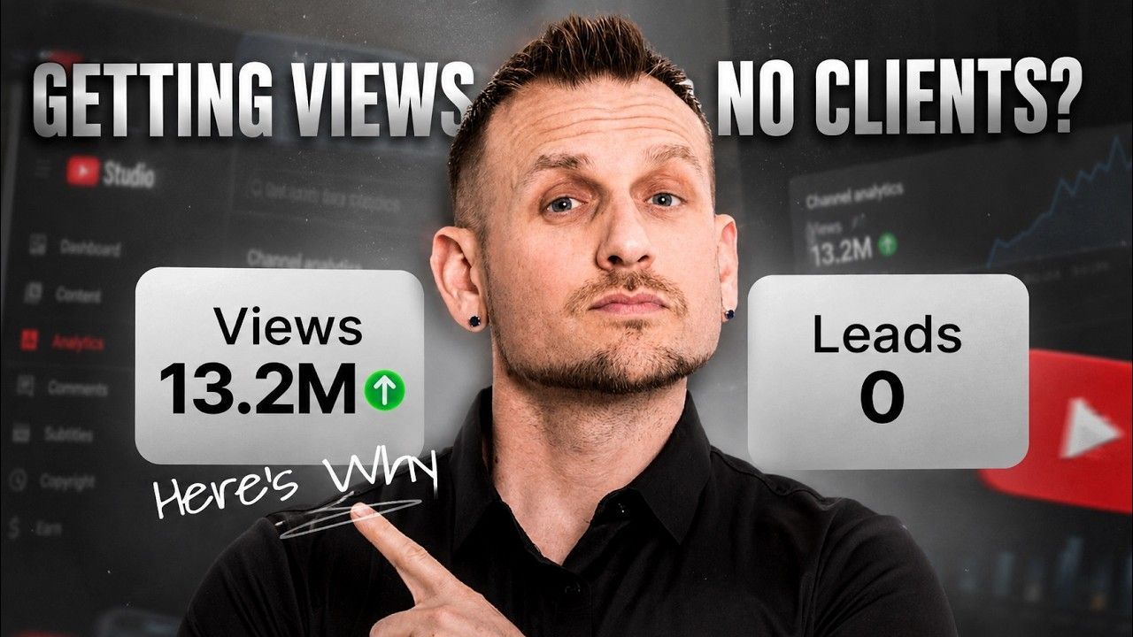 Man in black shirt pointing at text: “Views 13.2M” and “Leads 0” with “Getting views, no clients?” title