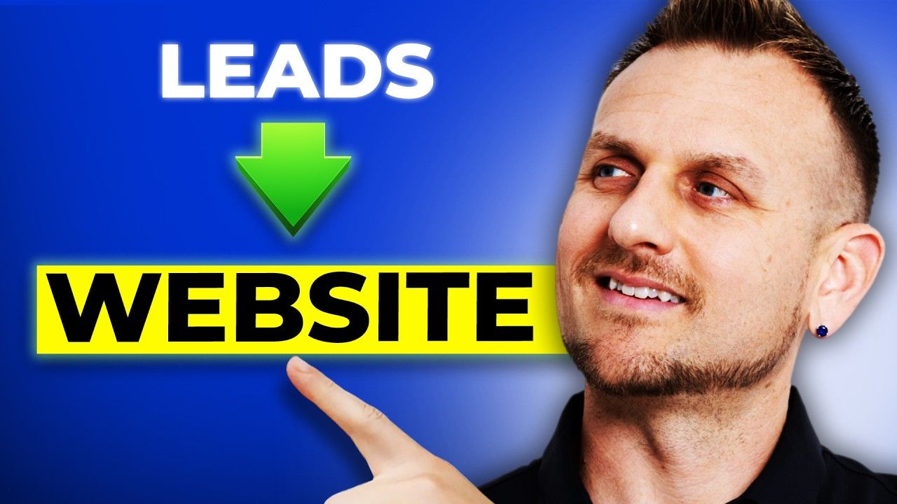 Blue thumbnail with “LEADS” arrow pointing to “WEBSITE” and a man pointing at the text