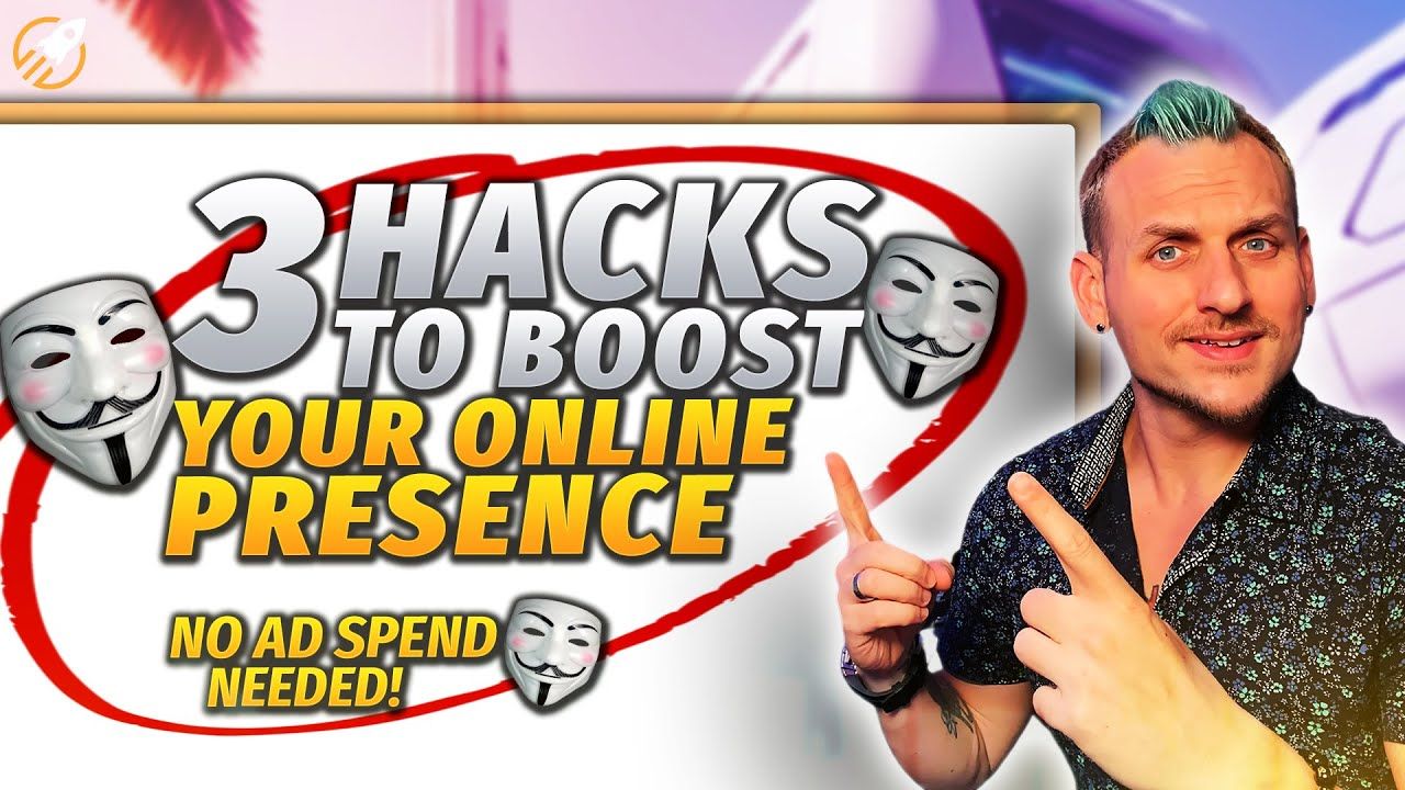A man standing in front of a sign that says 3 hacks to boost your online presence