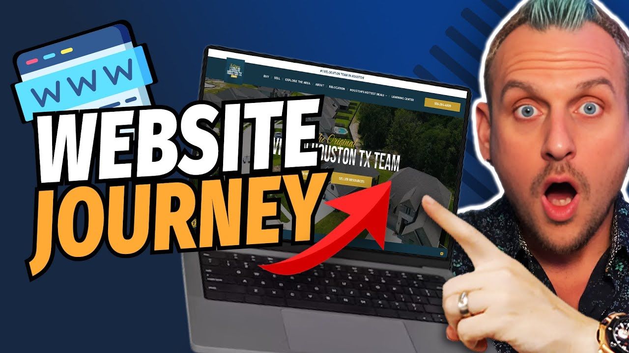 A man is pointing at a laptop screen that says website journey.