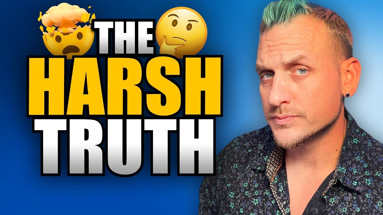 A man with green hair is standing in front of a sign that says the harsh truth.
