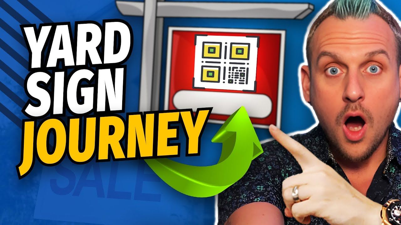 A man is pointing at a yard sign that says yard sign journey