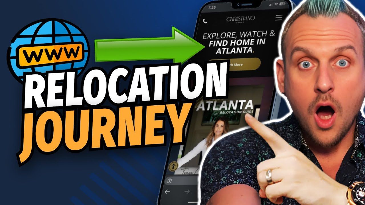 A man is pointing at a phone screen that says relocation journey.
