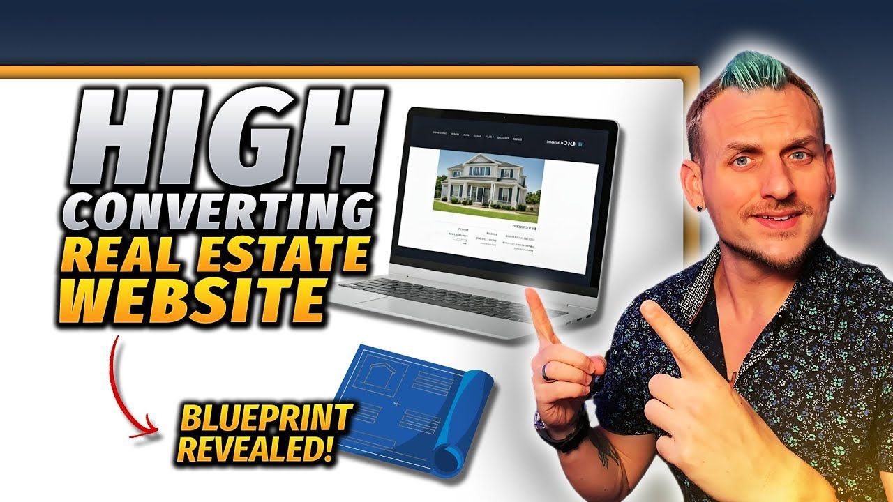 A man is pointing at a laptop that says high converting real estate website