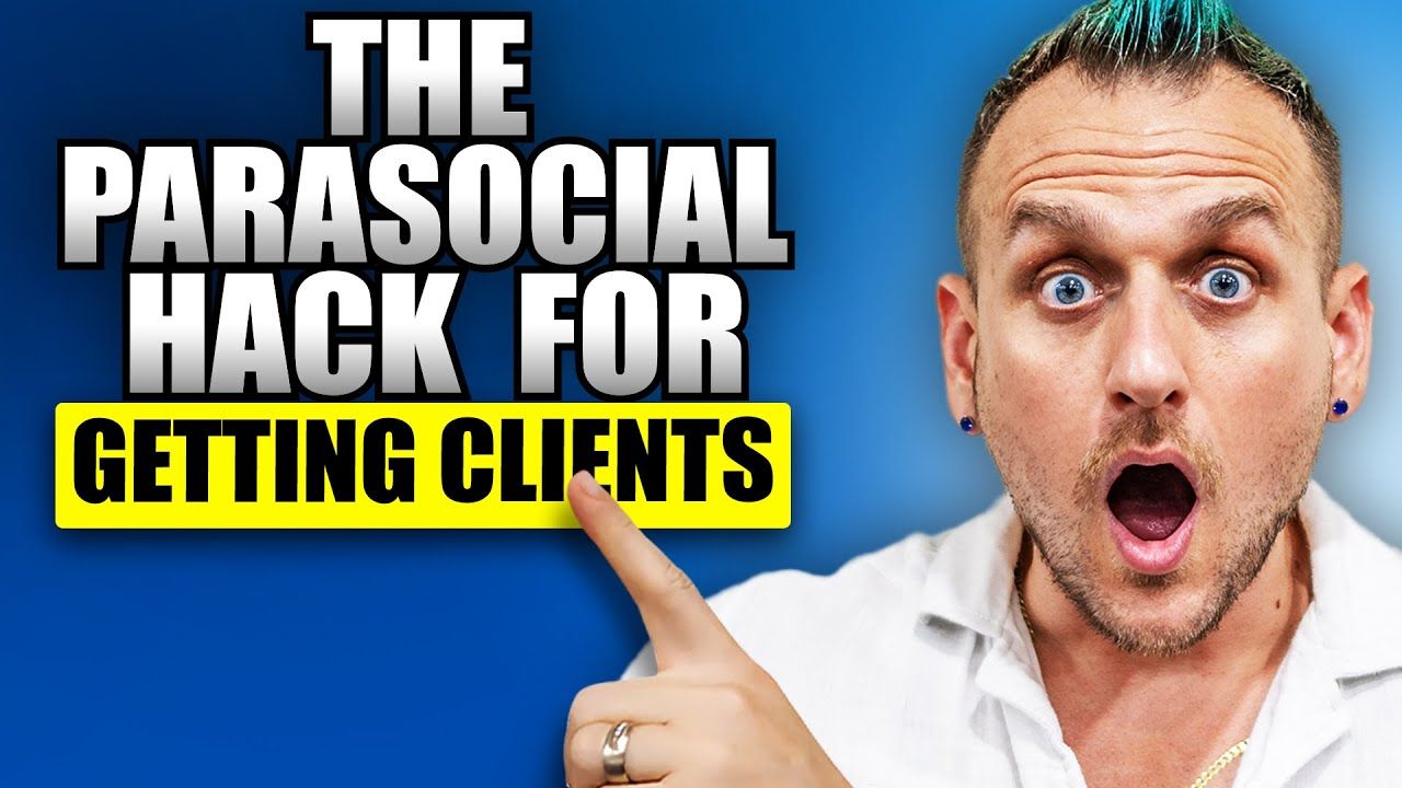 A man is pointing at a sign that says the parasocial hack for getting clients
