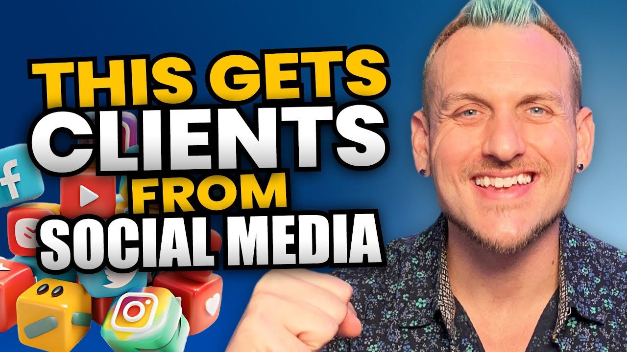 A man is pointing at a bunch of social media icons.
