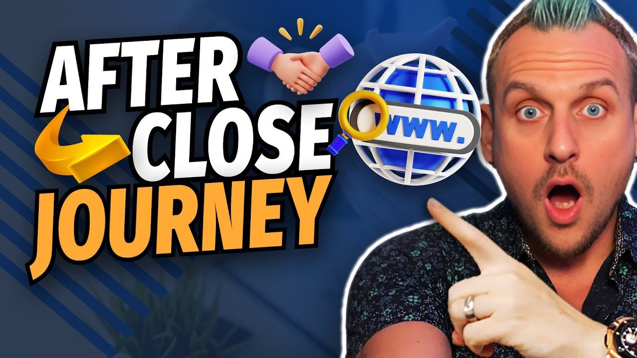 A man is pointing at a sign that says after close journey