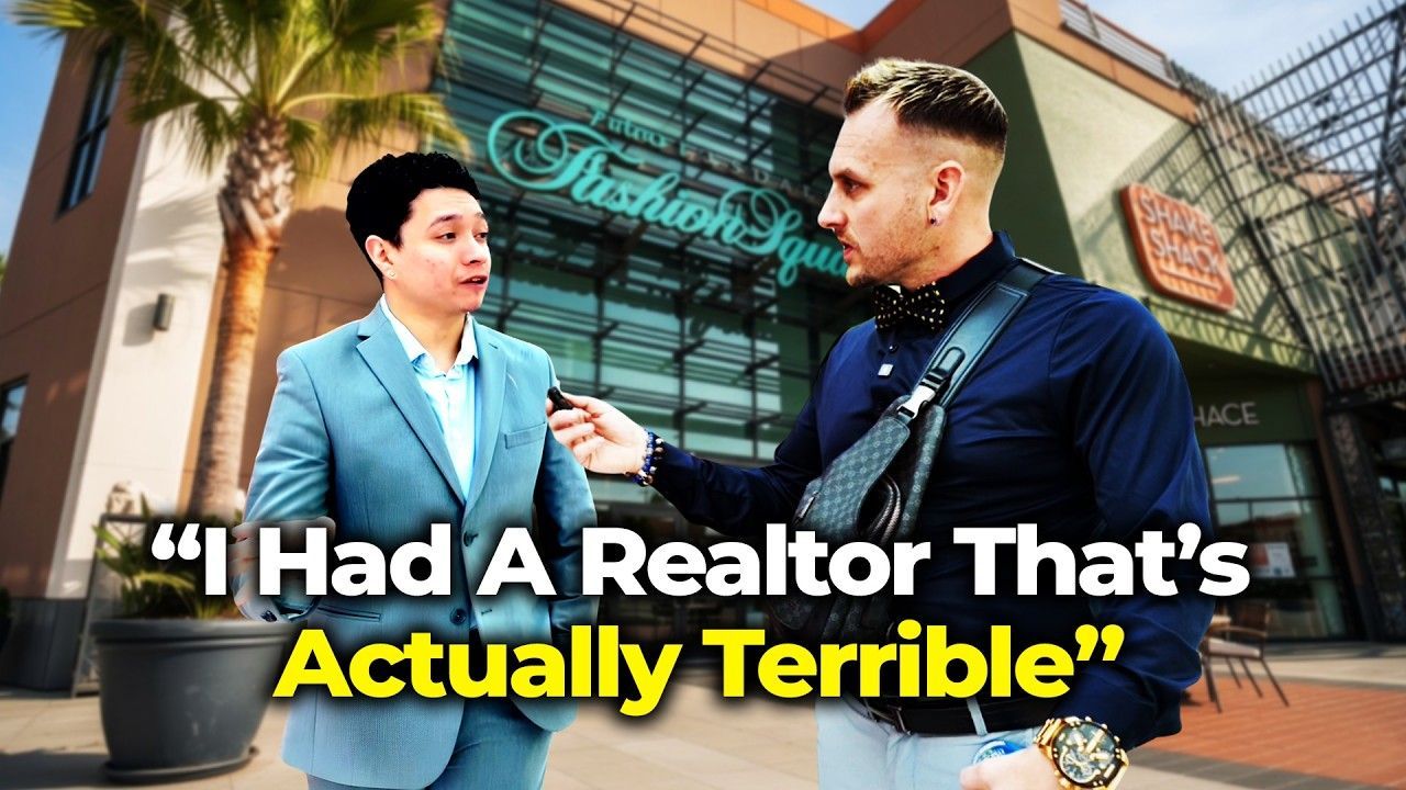 Two men in professional attire stand outside a shopping center, one holding a microphone, with text overlaying the image.