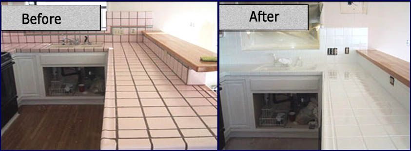 A before and after photo of a kitchen with tile floors