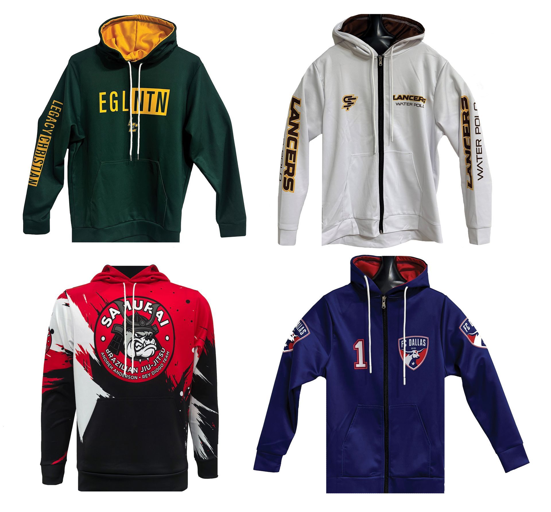 Custom sublimated apparel on premium polyester fabric like t-shirts, uniforms, polos, hoodies, bags, backpacks and blankets.