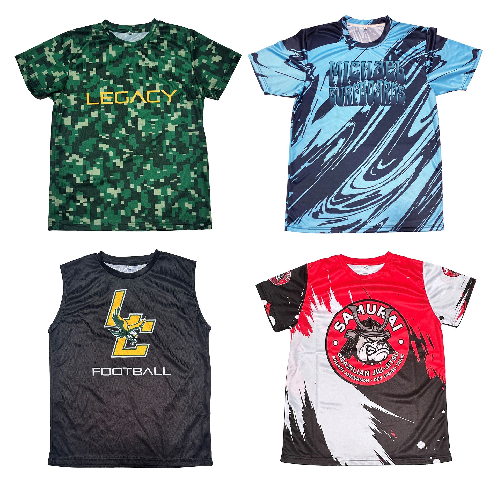 Custom sublimated apparel on premium polyester fabric like t-shirts, uniforms, polos, hoodies, bags, backpacks and blankets.