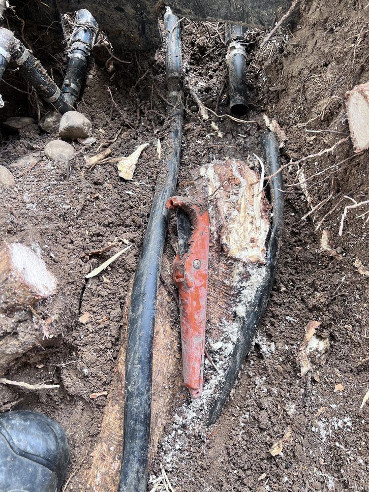 A wrench is laying in the dirt next to a hose.