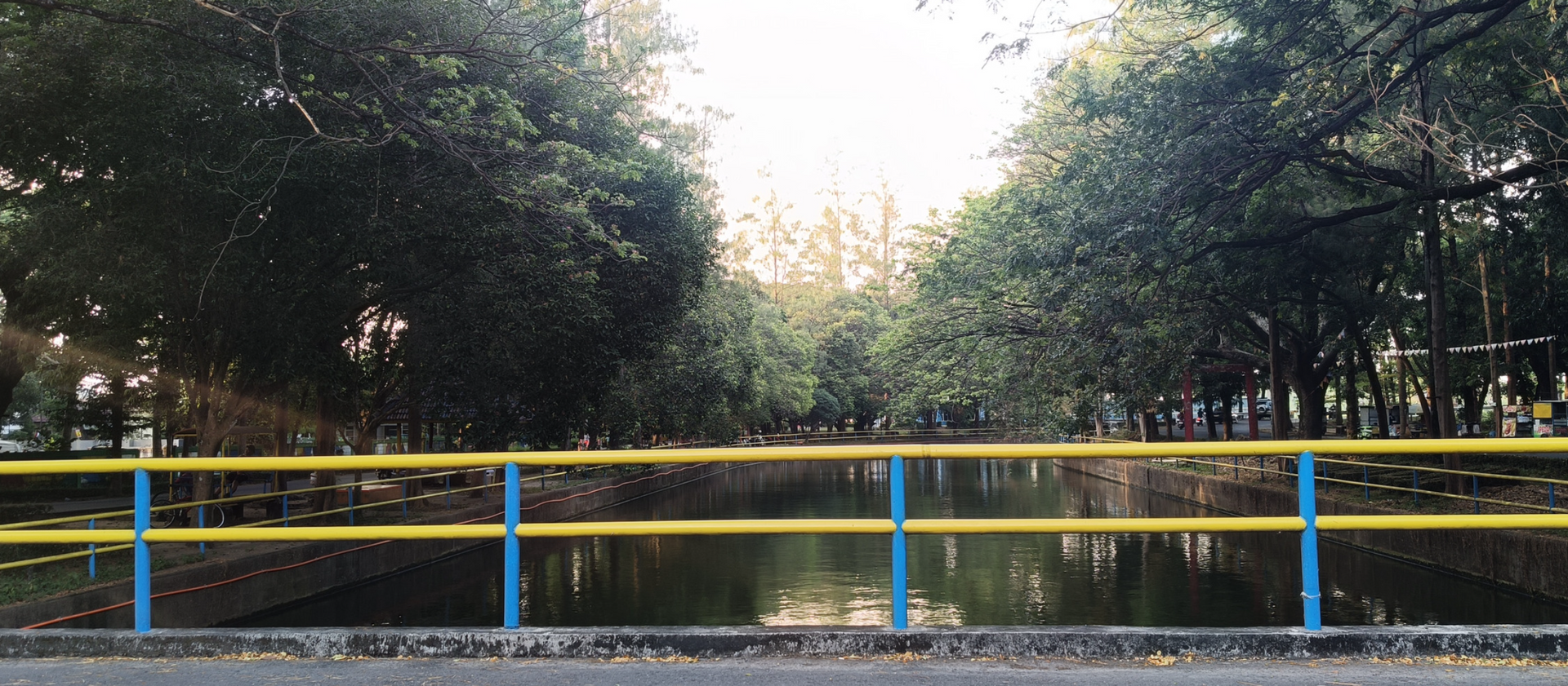 A bridge with yellow and blue railings overlooking a calm river surrounded by trees.