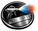Spray gun emitting blue and orange spray within a metallic emblem.