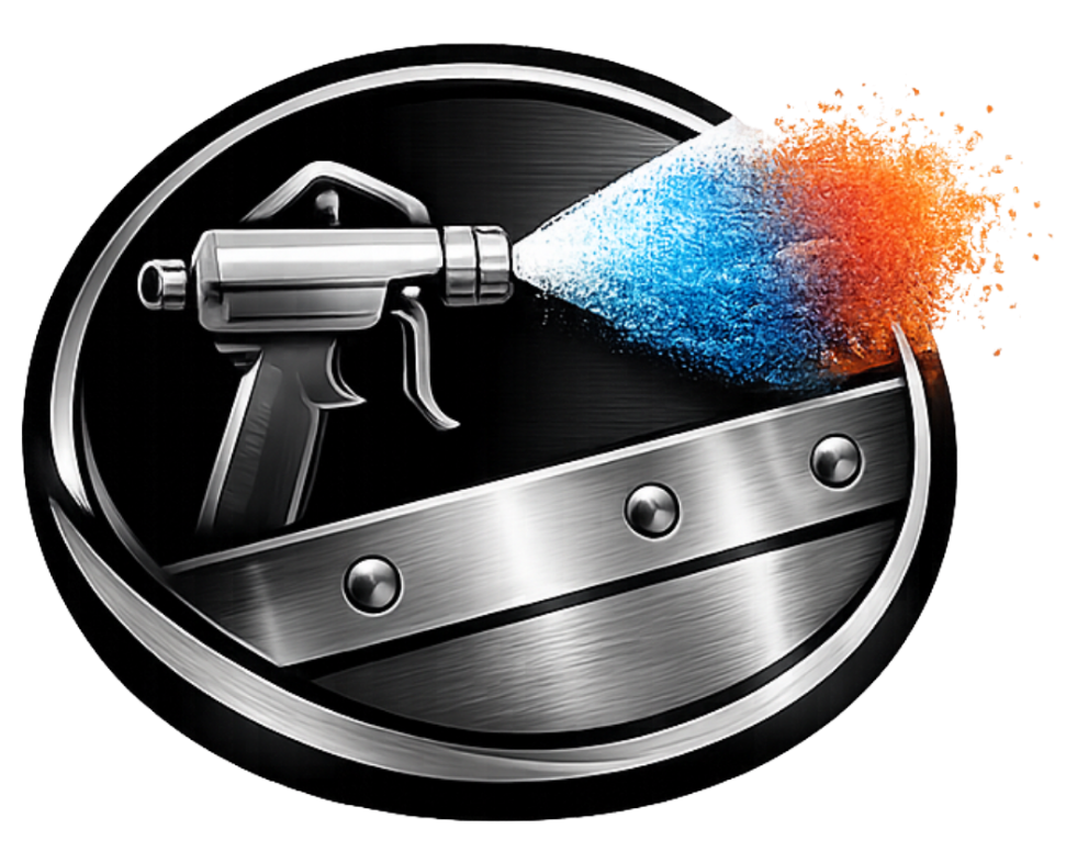 Spray gun emitting blue and orange spray within a metallic emblem.