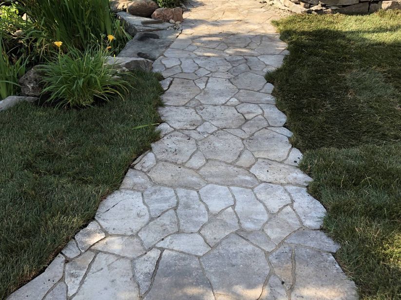 A stone walkway going through a lush green yard.