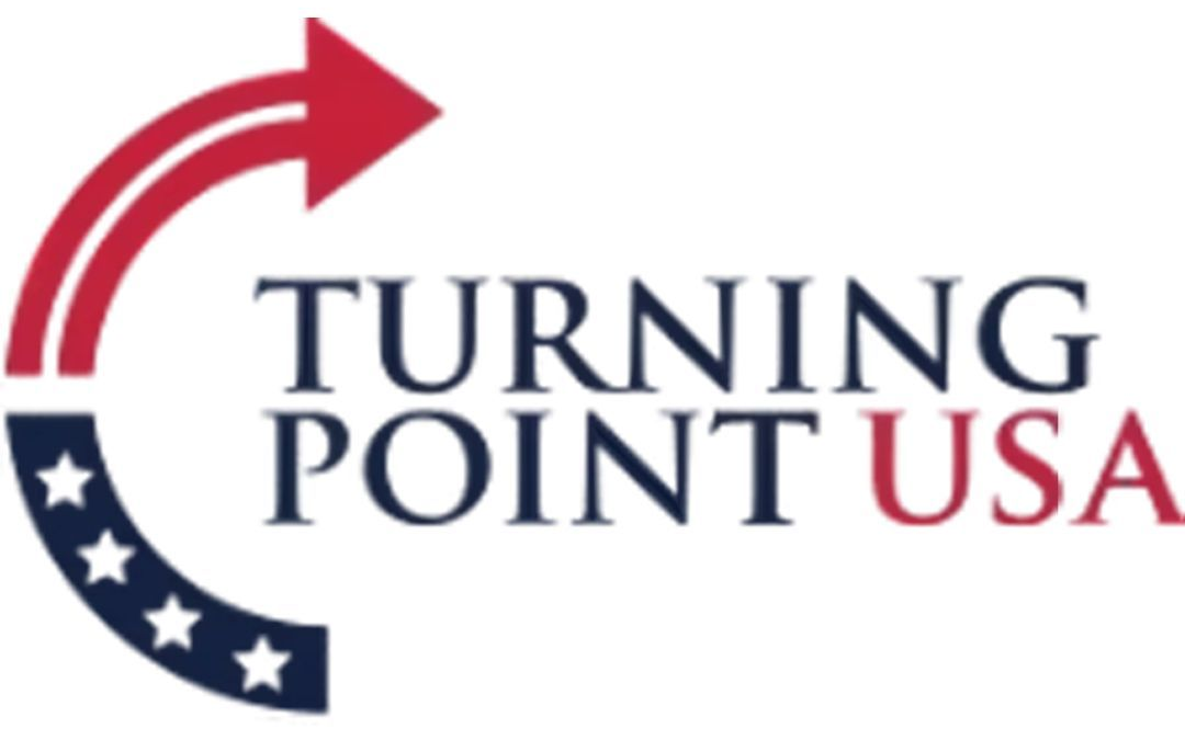 Logo of Turning Point USA: red arrow, blue and white stars, black text.