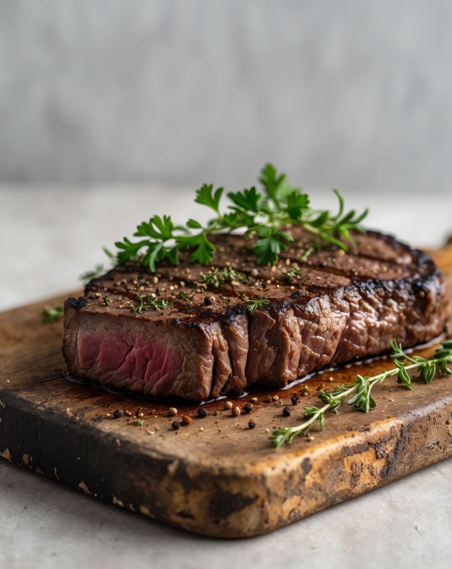 A steak is sitting on top of a wooden cutting board.