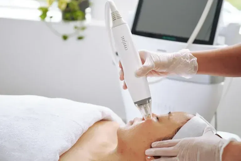 Woman receiving facial treatment; device held to her face by gloved hands in a spa setting.