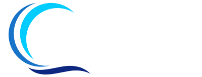 Blue and cyan curved wave logo.