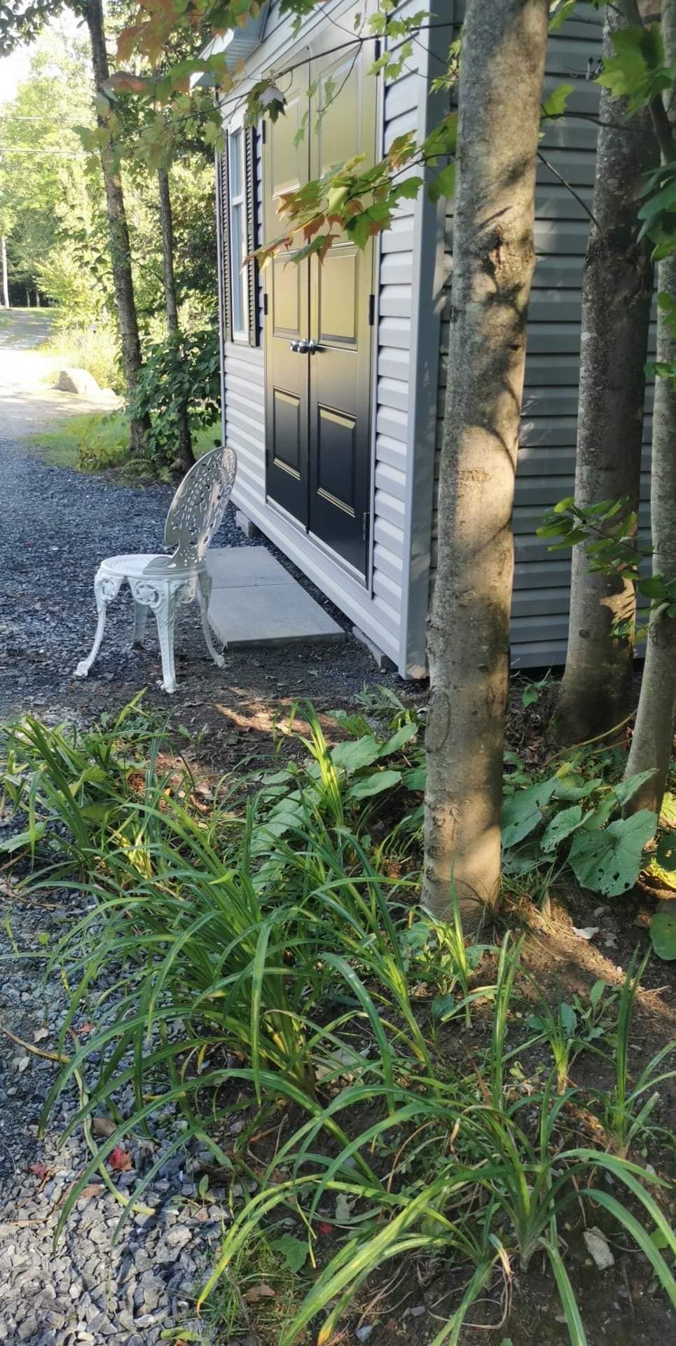 Un chien blanc se tient devant un hangar.