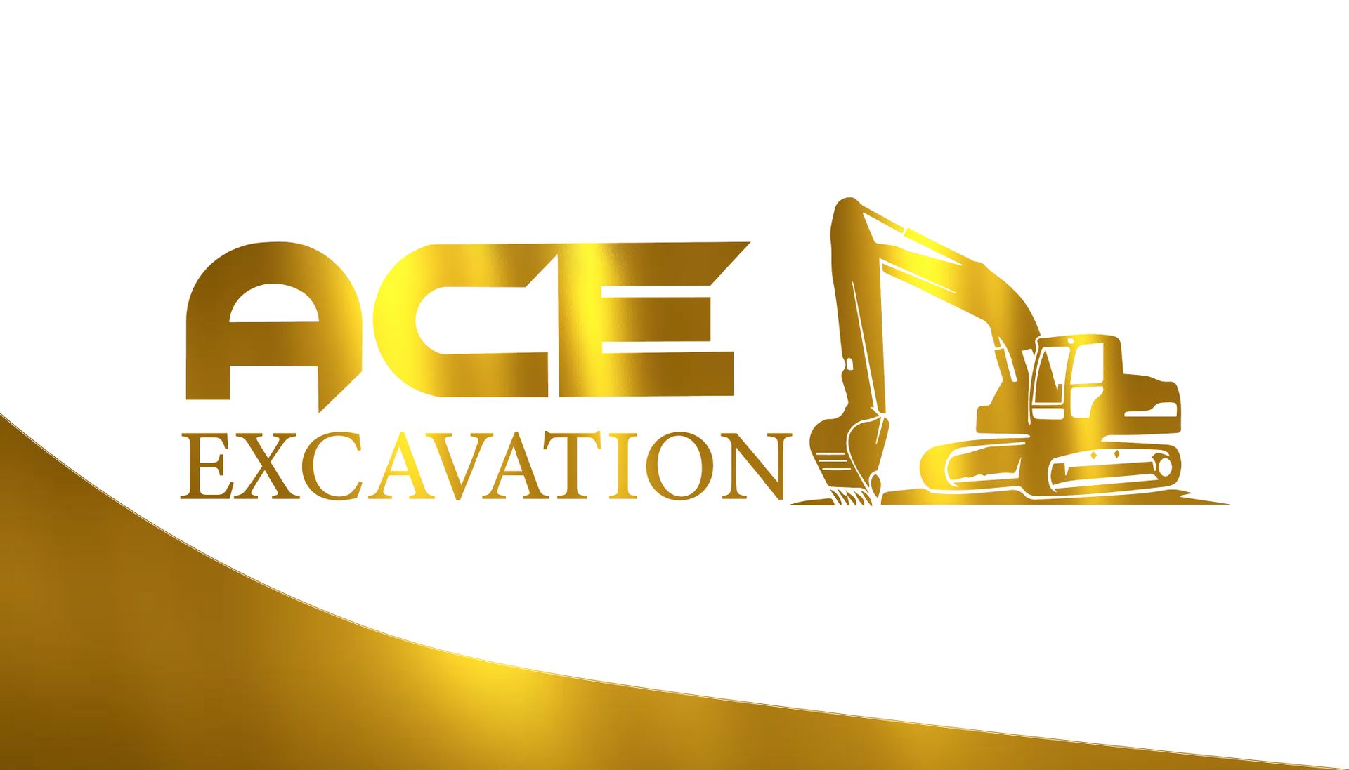 A logo for ace excavation with a gold excavator on a white background.