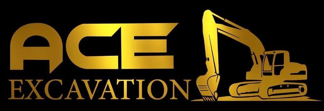 A logo for ace excavation with an excavator on it