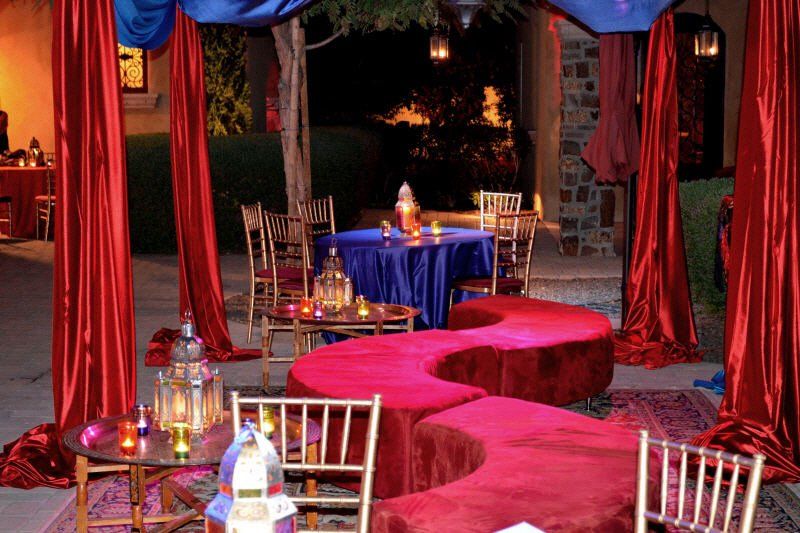 Seating and tables image showing red velvet decoration serpentine table and seating