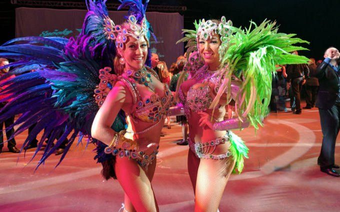 Mardi Gras Theme Party with two ladies dressed in feather styled costumes