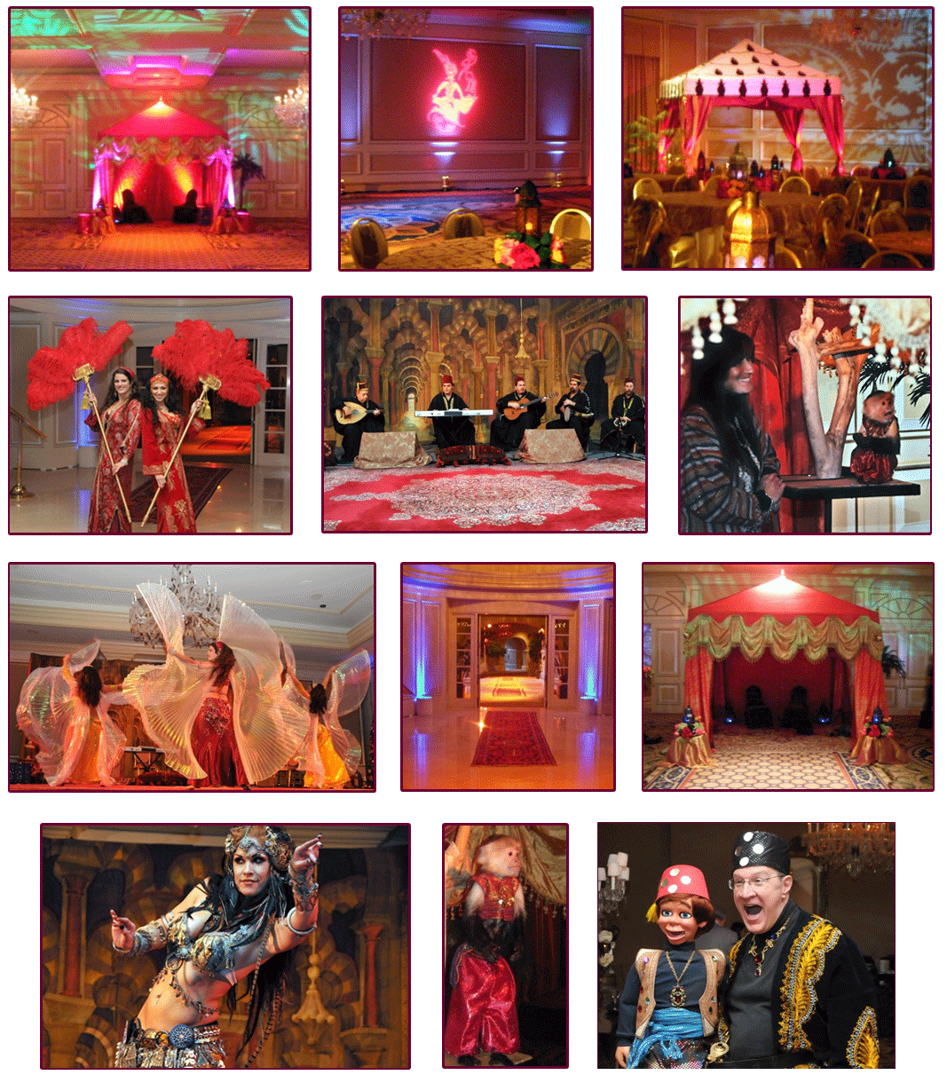 Collection of images showing arabian styled theme, tents, live performances and entertainment at Corporate Award Dinner, The Langham Hotel, Pasadena, CA