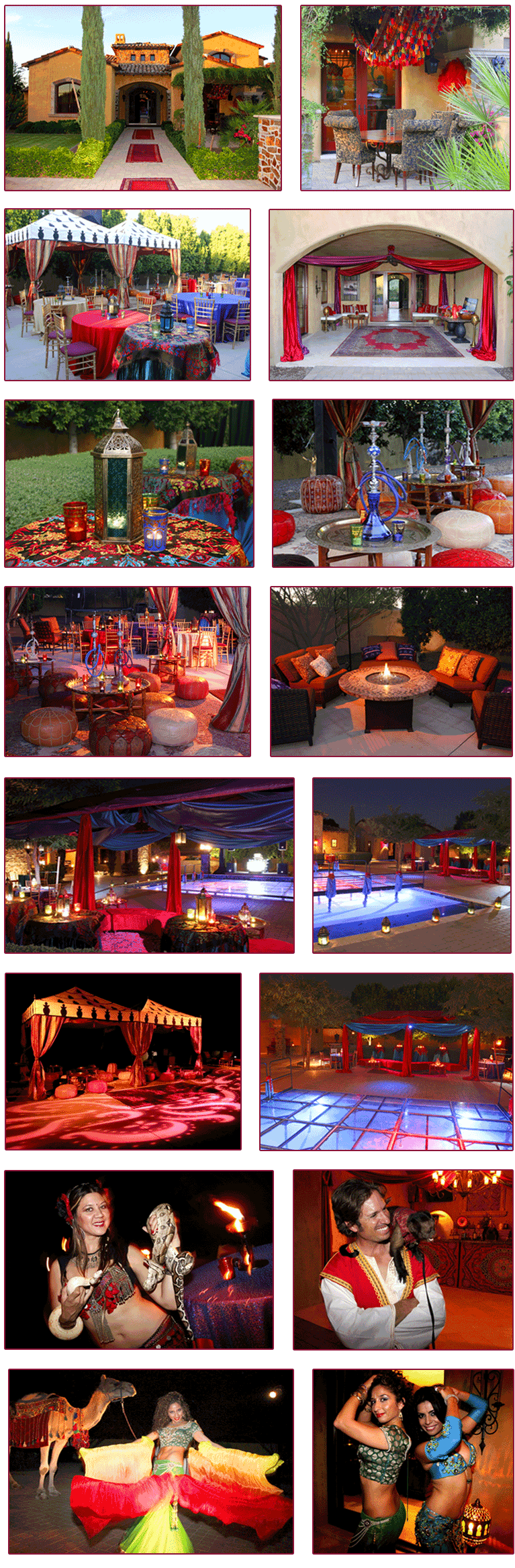 Images showing table settings and lantern centerpiece, shisha hukka seating arrangement, and outdoor decor for Elegant Outdoor House Party, Phoenix, AZ